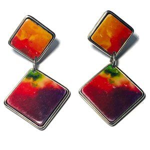 Square Diamond Tye Dye Rainbow Dangle Earrings